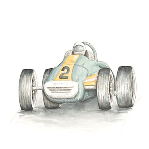 Teal Green Vintage Racecar Watercolor Painting Boy&#39;s Room