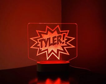Personalized Comic Style POW, BAM Kid's Name LED Sign - Great for Night Lights, Christmas, Birthday, and Children's Gifts