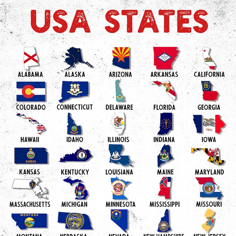 Usa States Poster State Flags Usa Flag 50 States United Etsy