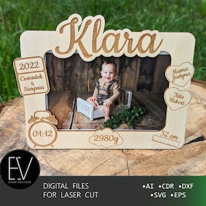 Baby-Fotorahmen. Babymitteilungs-Fotorahmen, Baby-Geburtsdetails. Laser-Cut-Dateien. | Digitaler Download | SVG, AI, CDR und mehr |
