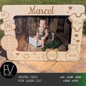 Marco de fotos. Detalles del nacimiento del bebé. Marco de fotos para anuncio de bebé. Archivos cortados con láser. / Descarga digital / SVG, AI, CDR / n.° 6