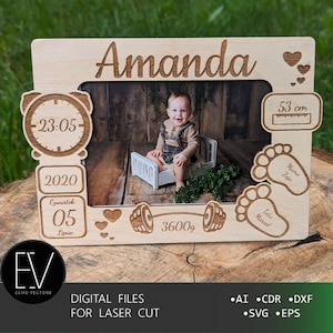 Fotorahmen. Baby-Geburtsdetails. Babymitteilungs-Fotorahmen, Geburts-Details. Laser-Cut-Dateien. | Digitaler Download | SVG, AI, CDR.