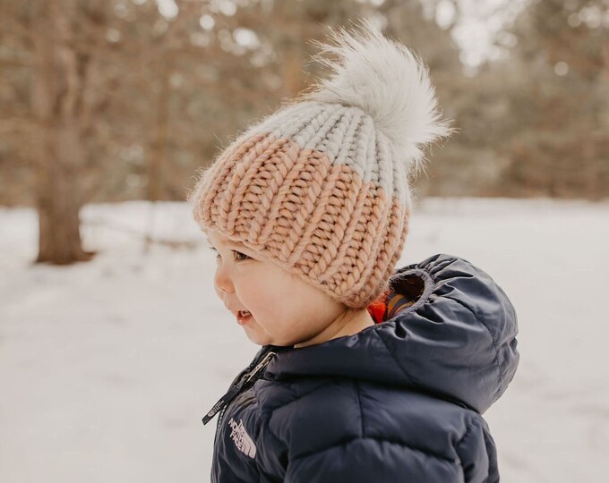 Child and Toddler Size Ribbed Knit Colorblock Peruvian Wool Hat | Children's Chunky Knit Hat | Toddler Kids Winter Knit Hat