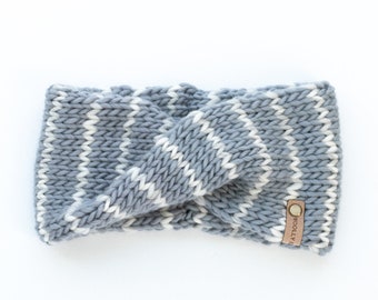 Gray Peruvian Wool Striped Hand Knit Headband/Ear Warmer
