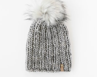 Gray Merino Wool Knit Hat with Faux Fur Pom Pom, Adult Chunky Knit Pom Pom Beanie, Ethically Sourced Eco-Friendly Wool Hat, Hand Knit Hat