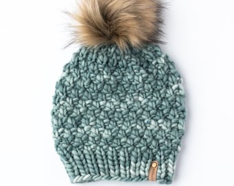 Turquoise Green Merino Wool Knit Hat with Faux Fur Pom Pom, Hand Dyed Merino Wool
