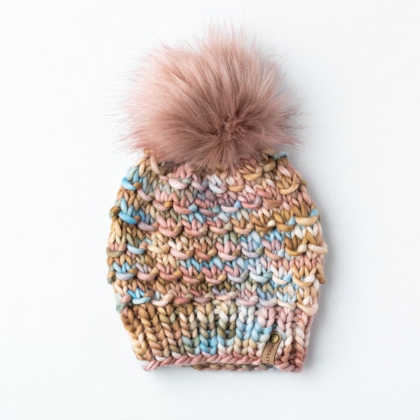 Blush Pink, Blue, & Brown Merino Wool Knit Hat with Faux Fur Pom Pom, Adult Chunky Knit Pom Pom Beanie, Ethically Sourced Wool Hand Knit Hat