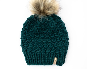 Forest Green Peruvian Wool Knit Hat with Faux Fur Pom Pom