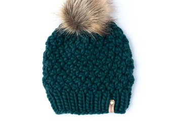 Forest Green Peruvian Wool Hand Knit Hat with Faux Fur Pom Pom