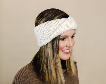 Ivory Wool Knit Headband | Ivory Knit Earwarmer | Twisted Knit Turban Headband | Ethically Sourced Wool Hand Knit Headband