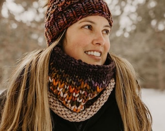 Gray and Multicolor Merino Wool Fair Isle Hand Knit Cowl, Luxury Chunky Knit Cowl, Sunrise Cowl, Ombre Knit Cowl, Merino Wool Neckwarmer