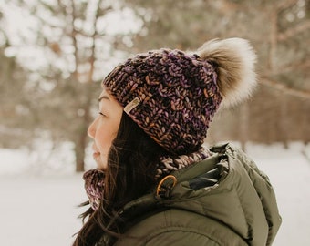 Purple Merino Wool Knit Hat with Faux Fur Pom Pom, Adult Chunky Knit Pom Pom Beanie, Ethically Sourced Eco-Friendly Wool Hat, Hand Knit Hat