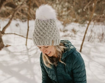 Blush Pink Peruvian Wool Knit Hat with Faux Fur Pom Pom