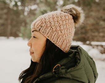 Hand Knit Blush Pink Peruvian Wool Hat with Faux Fur Pom Pom, Luxury Chunky Knit Pom Pom Beanie, Ethically Sourced Wool Hat, Hand Knit Hat