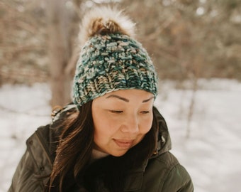 Forest Green Speckle Merino Wool Hand Knit Hat with Faux Fur Pom Pom, Hand Dyed Merino Wool