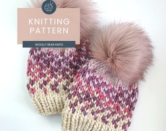 KNITTING PATTERN: Sunrise Hat in 5 Sizes | Easy Fair Isle Knit Hat Pattern | Super Bulky Yarn Scrap Yarn Pattern | Ombre Knitting Pattern