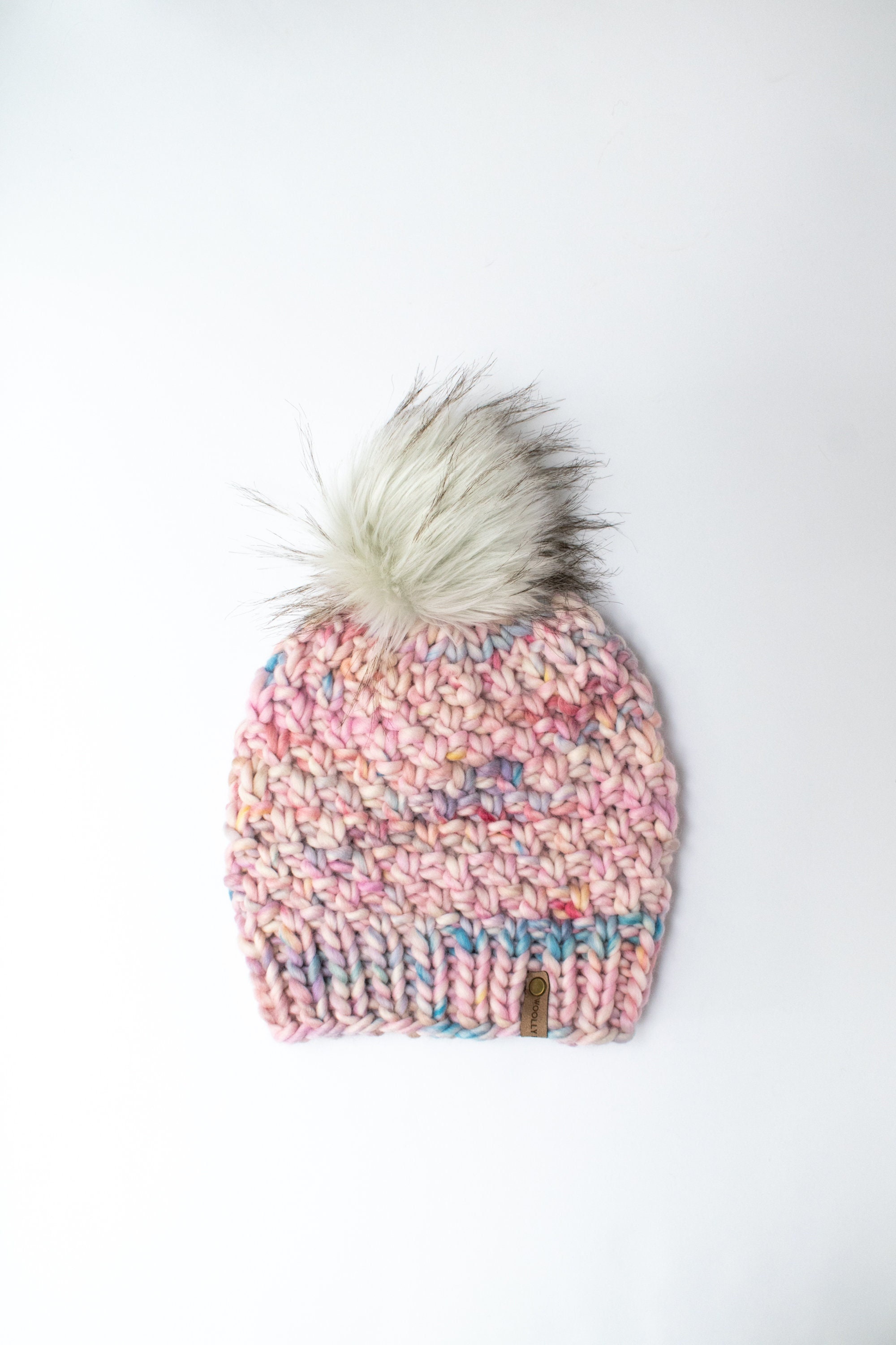 Blush Pink Peruvian Wool Knit Hat with Faux Fur Pom Pom