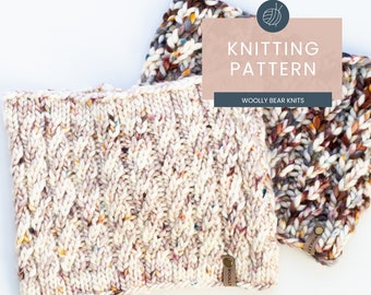 May include: Two knitted cowl neck warmers, one in a cream color with multi-colored flecks and one in a brown, grey, and white color with multi-colored flecks. Both cowls have a leather tag that says "Woolly Bear Knits". The image has the text "Knitting Pattern" and "Woolly Bear Knits" on a light brown rectangle.