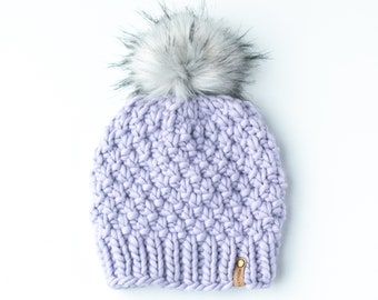Lavender Peruvian Wool Hand Knit Hat with Faux Fur Pom Pom