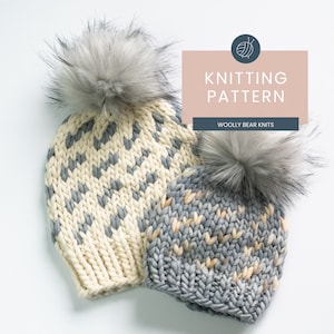 May include: Two knitted hats with faux fur pom poms. The hats are in a chevron pattern with white and gray yarn. The larger hat has a white and gray pattern, while the smaller hat has a gray, white, and peach pattern. The text "Knitting Pattern" is on a pink background with the text "Woolly Bear Knits" below it.