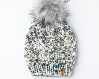 Ivory Green and Gray Speckle Merino Wool Hand Knit Hat with Faux Fur Pom Pom, Hand Dyed Merino Wool