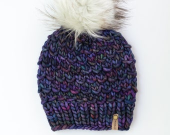 Purple Multi-Color Merino Wool Hand Knit Hat with Faux Fur Pom Pom