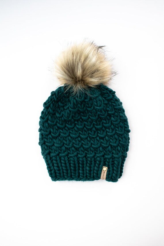 Forest Green Peruvian Wool Knit Hat With Faux Fur Pom Pom  display picture 3