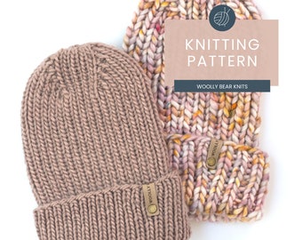 KNITTING PATTERN: Wildwood Beanie, Easy Ribbed Knit Hat Pattern, Easy Super Bulky and Light Bulky Weight Yarn Ribbed Hat Knitting Pattern