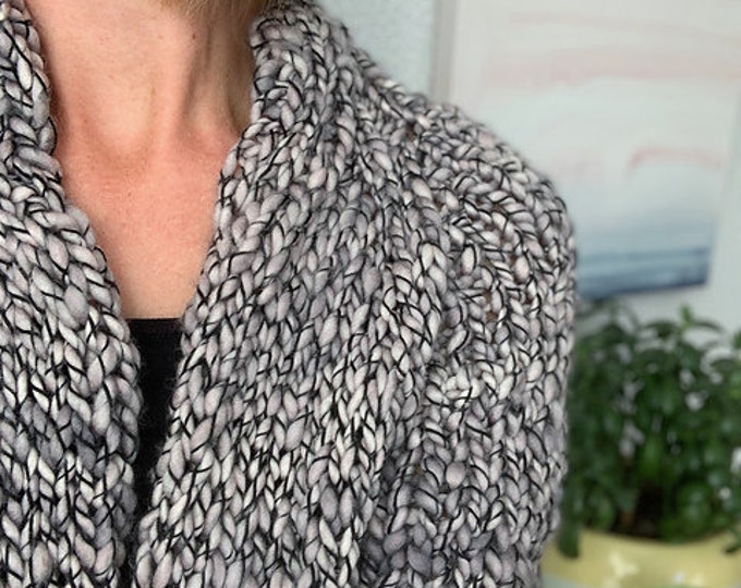 Light Gray and Black Marled Hand Knit Cardigan