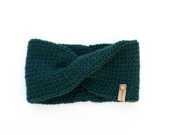 Forest Green Wool Knit Headband | Green Knit Earwarmer | Twisted Knit Turban Headband | Ethically Sourced Wool Hand Knit Headband
