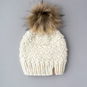 Ivory Peruvian Wool Knit Hat with Faux Fur Pom Pom, Luxury Chunky Knit Pom Pom Beanie, Ethically Sourced Wool Hat, Hand Knit Hat