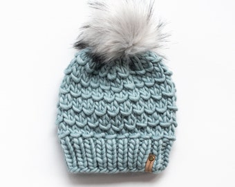 Aqua Blue Peruvian Wool Knit Hat with Faux Fur Pom Pom, Luxury Chunky Knit Pom Pom Beanie, Ethically Sourced Wool Hat, Hand Knit Hat