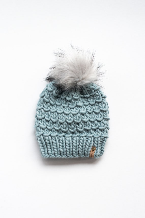 Buy Hand Knit Aqua Blue Peruvian Wool Hat With Faux Fur Pom  display picture 2