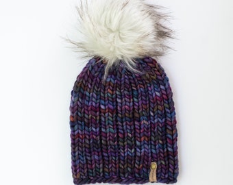 Purple Merino Wool Knit Hat with Faux Fur Pom Pom, Adult Chunky Knit Pom Pom Beanie, Ethically Sourced Wool Hat, Hand Knit Hat