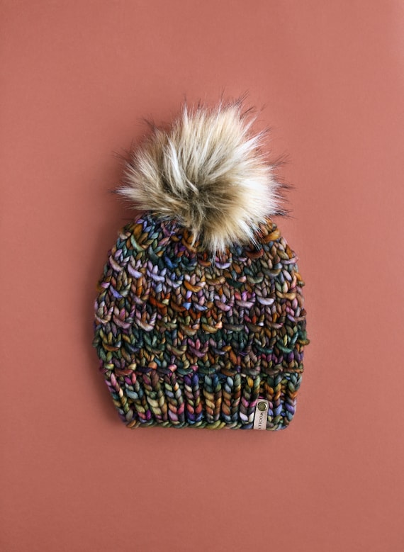 multi coloured fur bobble hat