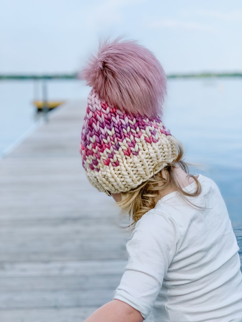 KNITTING PATTERN: Sunrise Hat in 5 Sizes Easy Fair Isle Knit Hat Pattern Super Bulky Yarn Scrap Yarn Pattern Ombre Knitting Pattern image 3