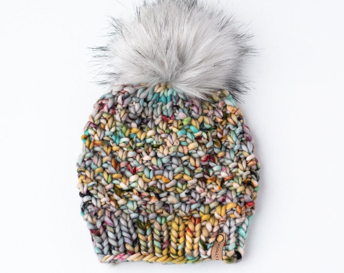 Teal Neon Speckle Merino Wool Hand Knit Hat with Faux Fur Pom Pom