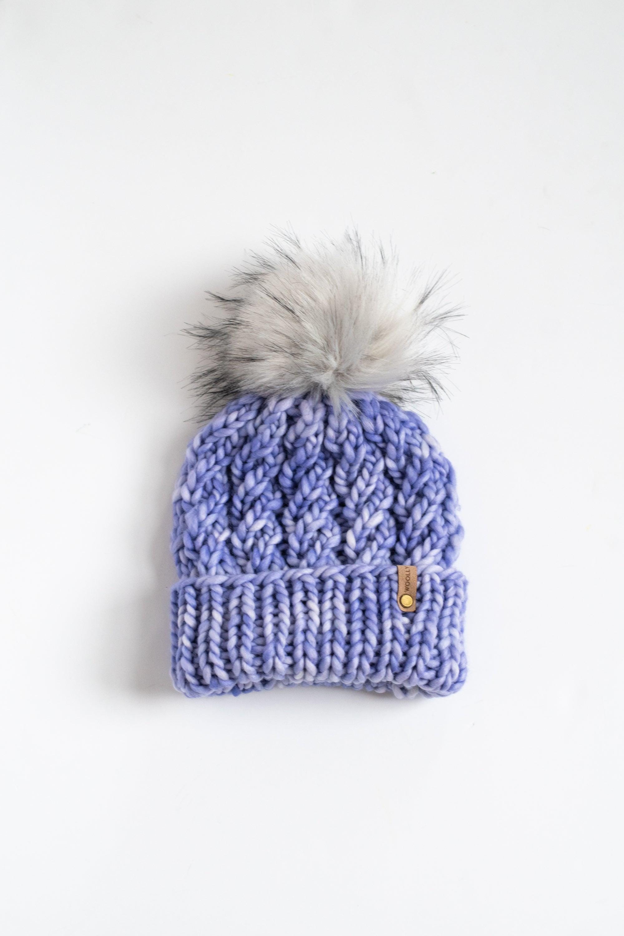 Hand Knit Bright Lavender Merino Wool Hat With Faux Fur Pom  display picture 1