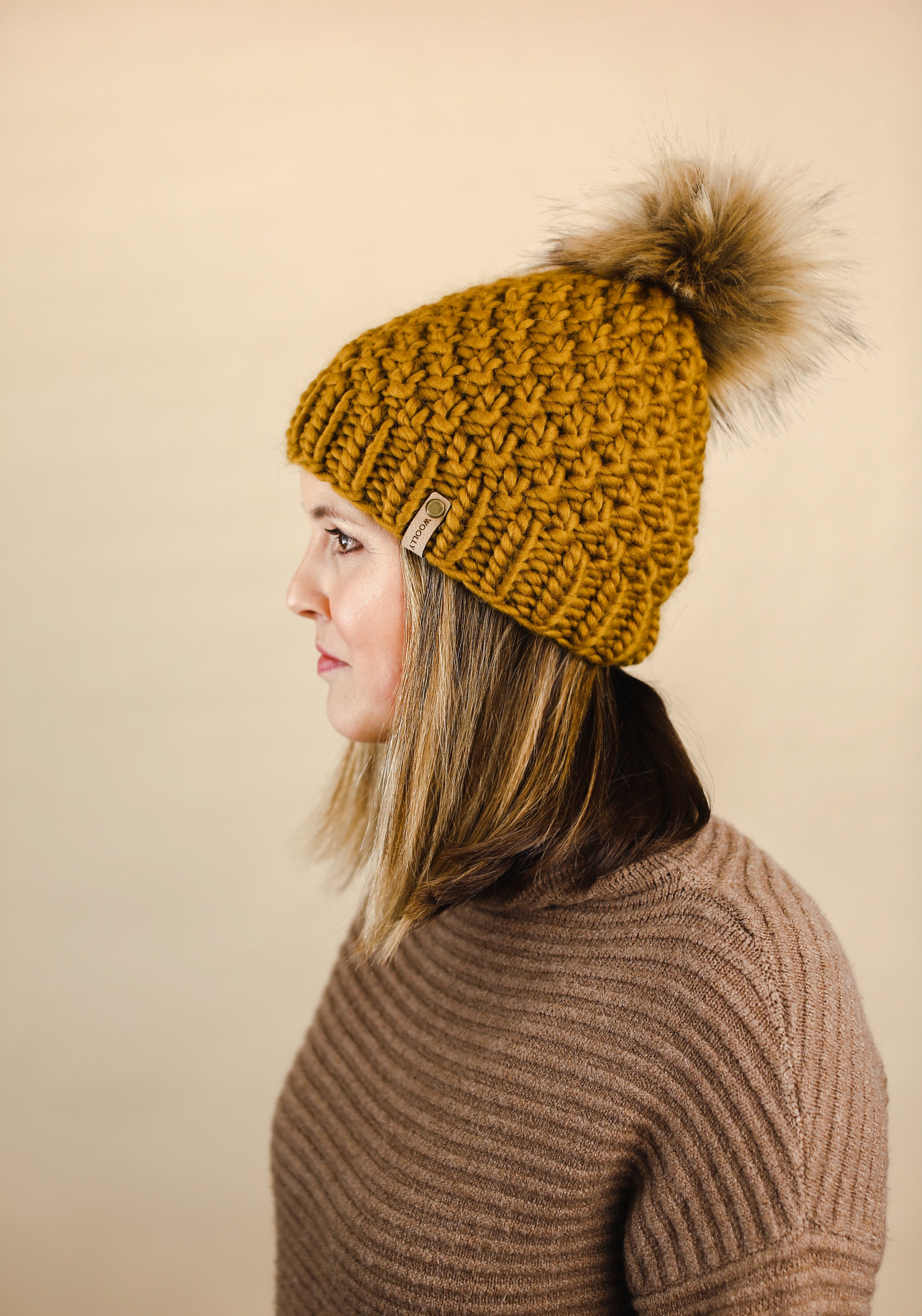 Bronzed Olive Peruvian Wool Knit Hat with Faux Fur Pom Pom Women’s