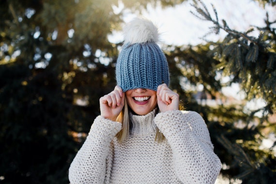 Blue Gray Peruvian Wool Knit Hat With 