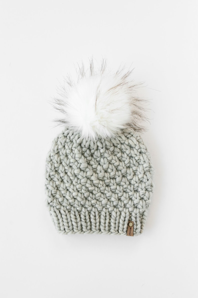 Light Gray Hand Knit Wool Hat with Pom Pom