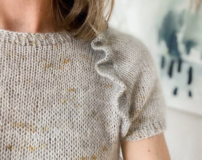 Short Sleeve Gray Ruffle Hand Knit Sweater, Merino Wool and Mohair Sweater