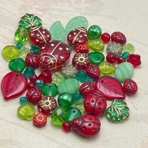 Czech Glass Bead Mix 30g - Red and Green -  Leaves, Ladybirds, Jewellery Making Supplies