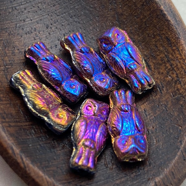 Czech Glass Owl Beads 14mm, Set of 6, Iridescent Black