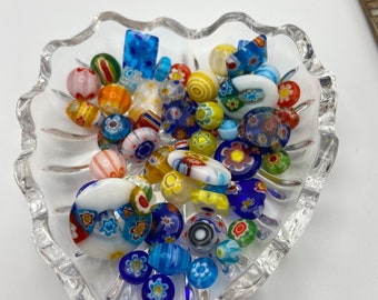 Millefiori Glass Bead Mix  - 50g | Colourful Floral Assortment - Coin Rectangle Flower Round Star Barrels Square | DIY Jewelry Making Perlen