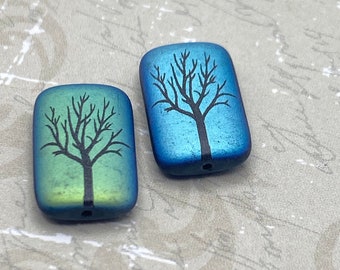 Laser Etched Czech Rectangle Bead | Matte Blue Black Metallic with Tree Design | 18x12mm | Two (2) Beads | Rare UK Import Jewelry Craft