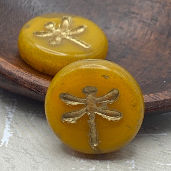 Bohemian Dragonfly Coin Beads 17mm - Pack of 2 | Focal Beads | Rustic Orange/ Yellow Ochre & Gold | Czech Glass | Artisan Jewellery Supplies