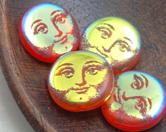 Czech Tattoo Coin Beads 14mm Set of Four (4) | Orange Rainbow “Man in the Moon”