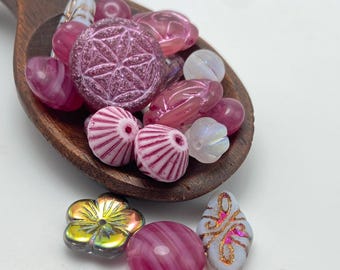 Czech Glass Bead Mix: Bright Pink, Crystal White AB - Mandala Coin - Boho Jewellery Making