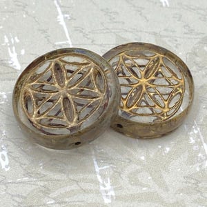 Flower of Life Czech Glass Coin Beads: Gold Wash Picasso (18mm, Pack of 2)